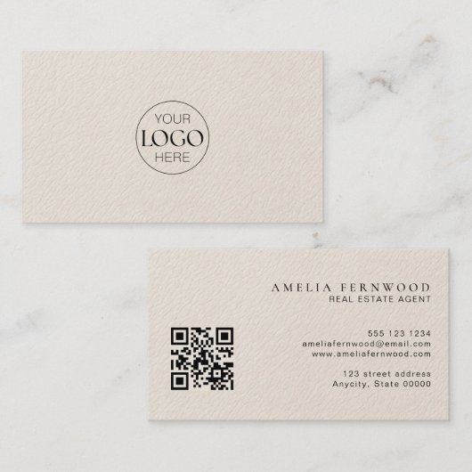 Logo | Luxe lederen vastgoed QR-code Visitekaartje (Voorkant / Achterkant)