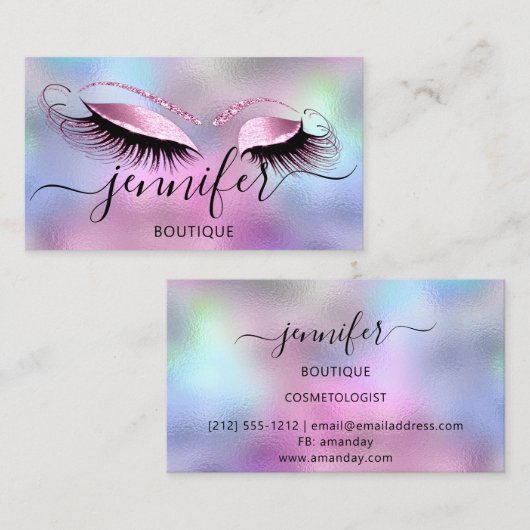 Logo Makeup Boutique Lash Studio Roze Holograaf Visitekaartje (Voorkant / Achterkant)