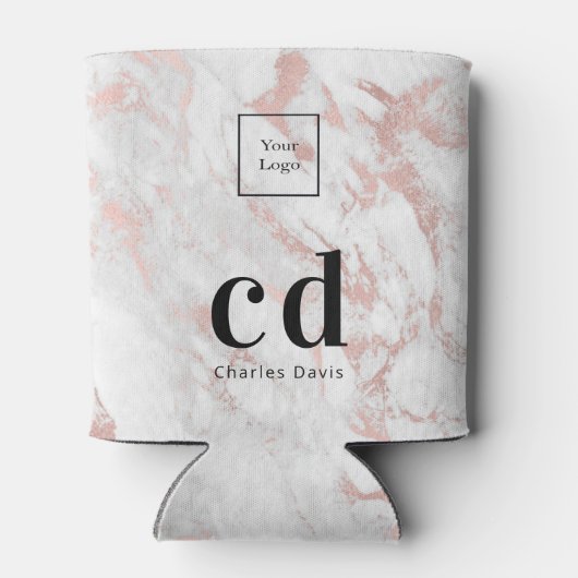 Logo marmer roze goud wit bedrijf monogram blikjeskoeler (Achterkant)