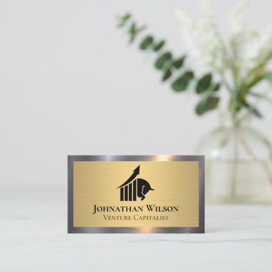 Logo met stier | Goud Zilver Metaalachtig Visitekaartje (Staand voorkant)