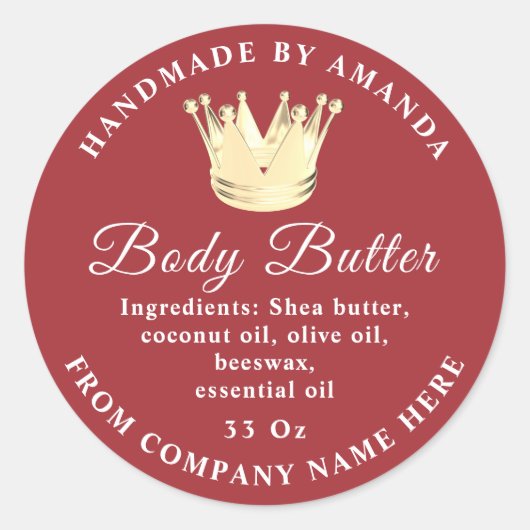 Logo Naam Body Butter Scrub Golden Crown Bourgogne Ronde Sticker (Voorkant)