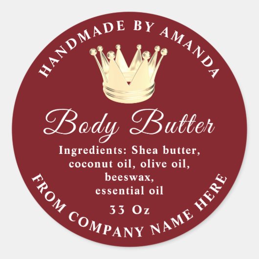 Logo Naam Body Butter Scrub Golden Crown Maroon Ronde Sticker (Voorkant)