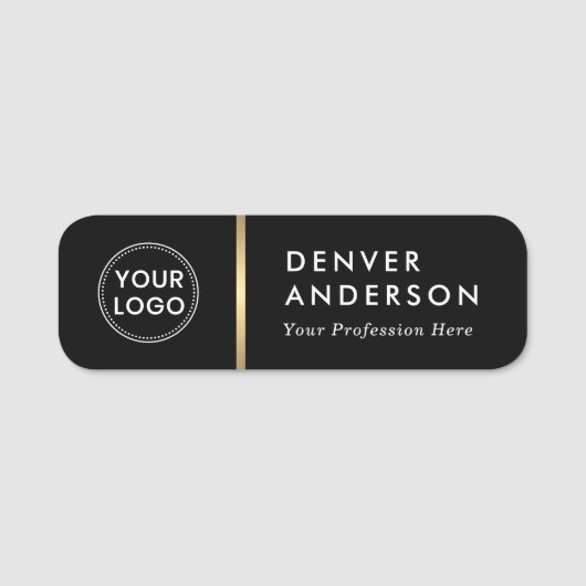 Logo, naam en titel zwarte gouden deler naamplaatje (Voorkant)