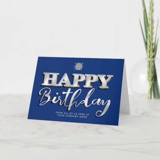 Logo Navy Blue Silver Lettering Business Birthday Kaart (Voorkant)