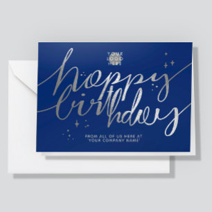 Logo Nep Zilver Hand Geschrift Navy Blauwe Verjaar Kaart