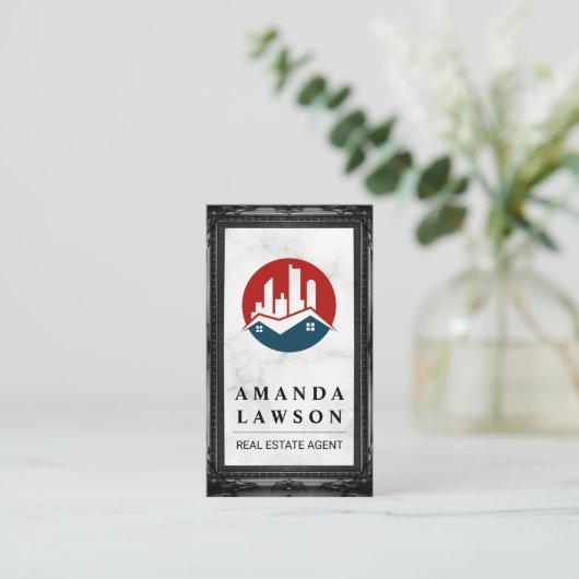 Logo onroerend goed | Marmer | Zwart Lijst Afsprakenkaartje (Staand voorkant)