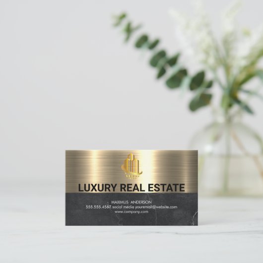 Logo onroerend goed | Metallic Gold Black marmer Visitekaartje (Staand voorkant)