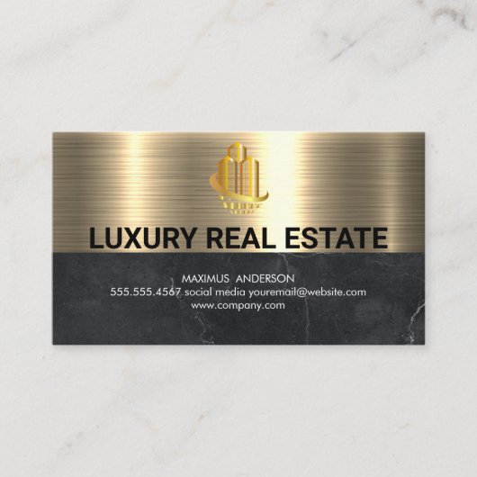 Logo onroerend goed | Metallic Gold Black marmer Visitekaartje (Voorkant)