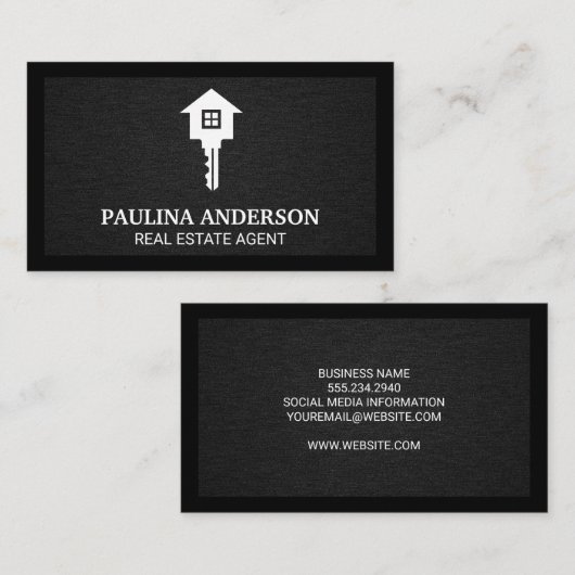 Logo onroerend goed | Sleutel en startpunt | Zwart Visitekaartje (Voorkant / Achterkant)