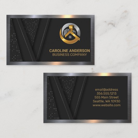 Logo onroerend goed | Zwart luxe goud | Metaal Visitekaartje (Voorkant / Achterkant)