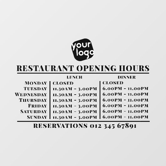Logo opening lunch diner uren restaurant raamsticker (Vel)