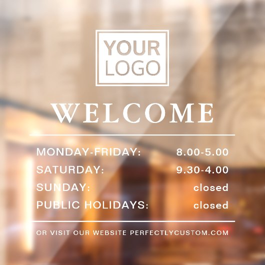 Logo openingstijden welkom witte tekst doorzichtig raamsticker (Vel 2)