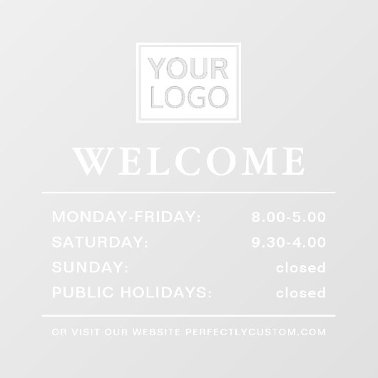 Logo openingstijden welkom witte tekst doorzichtig raamsticker (Vel)
