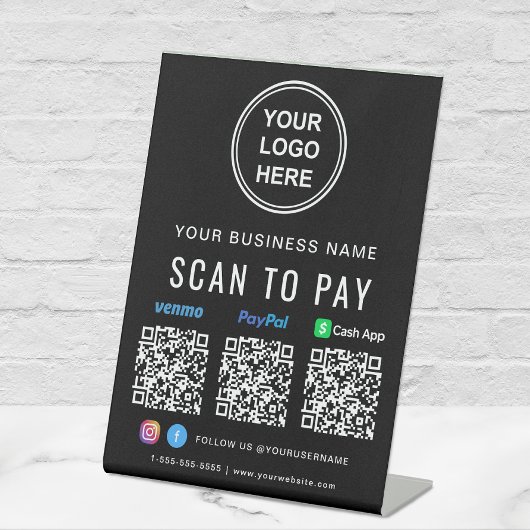 Logo Paypal Venmo CashApp QR Codes Black Reclamebord Met Voetstuk