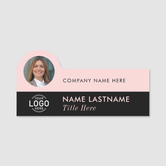 Logo Photo ID Modern Blush Pink Black Zakelijk Naamplaatje (Voorkant)