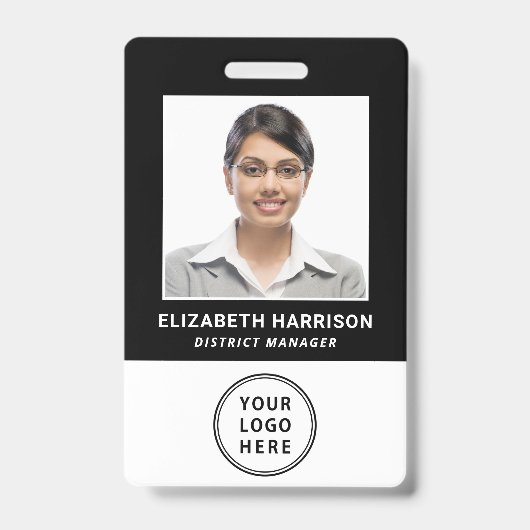 Logo QR Bar Codes Black Employee Photo ID Badge (Front)