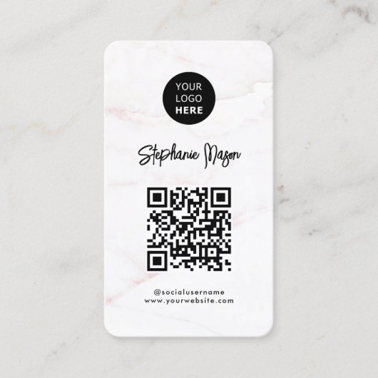 Logo &QR-code | Elegant wit rose goud marmer Visitekaartje (Voorkant)