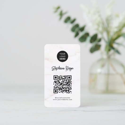 Logo &QR-code | Elegant wit rose goud marmer Visitekaartje (Staand voorkant)