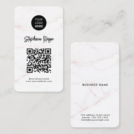 Logo &QR-code | Elegant wit rose goud marmer Visitekaartje (Voorkant / Achterkant)