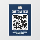 Logo, QR-code en aangepaste tekst wit en donkerbla Raamsticker (Vel)