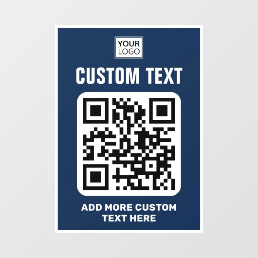 Logo, QR-code en aangepaste tekst wit en donkerbla Raamsticker (Vel)