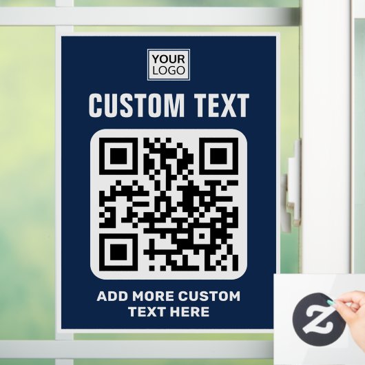 Logo, QR-code en aangepaste tekst wit en donkerbla Raamsticker (Huis)