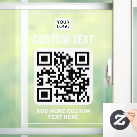 Logo, QR-code en aangepaste tekst wit en doorzicht Raamsticker (Huis)