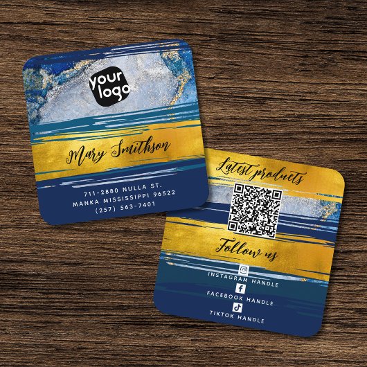 Logo, QR-code en sociale media goud en marineblauw Vierkante Visitekaartje