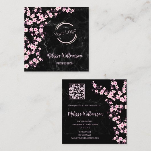 Logo | QR-code | Kerry Blossom Black Marmer Vierkante Visitekaartje (Voorkant / Achterkant)