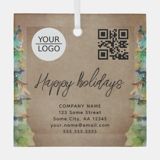 Logo QR-code kerstboomstructuur Waterverf bedrijf Glas Ornament (Voorkant)