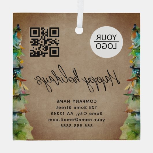 Logo QR-code kerstboomstructuur Waterverf bedrijf Glas Ornament (Achterkant)