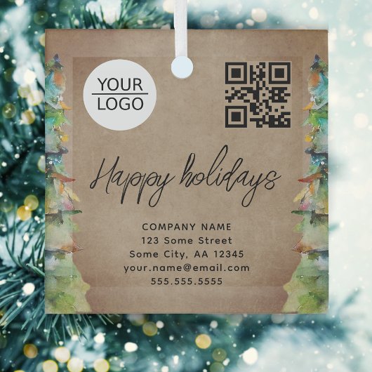 Logo QR-code kerstboomstructuur Waterverf bedrijf Glas Ornament
