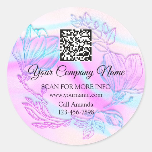 Logo QR Code Roze holografische Floral Wreater Ronde Sticker (Voorkant)