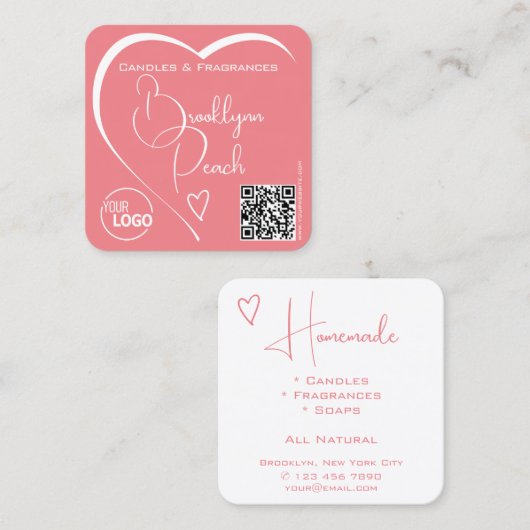 Logo QR Code Sjabloon Kalligrafie Roze Blush Hart Vierkante Visitekaartje (Voorkant / Achterkant)
