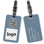 Logo QR Code Stoffig Blauw Grijs Zakelijk Promotie Bagagelabel<br><div class="desc">Eenvoudig logo en QR Code ontwerp voor uw bedrijf. Vervang de logo, QR code bestemming URL en naam en adresgegevens door uw eigen - of laat de achterkant leeg. Wijzig de achtergrondkleur van stoffig blauw grijs in het ontwerpgereedschap om aan te passen. Ideaal voor als promotieartikel om aan klanten, klanten...</div>