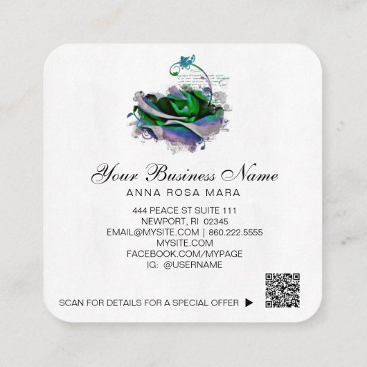 *~ Logo QR Lavendel - Blauwgroen Roos Bloemenbloem Vierkante Visitekaartje (Achterkant)