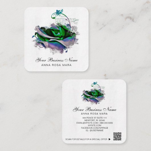 *~ Logo QR Lavendel - Blauwgroen Roos Bloemenbloem Vierkante Visitekaartje (Voorkant / Achterkant)