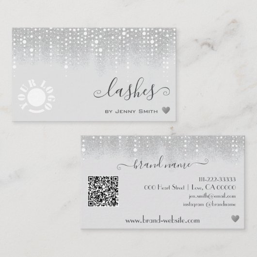 Logo QR Sjabloon  Wit Zilver Glitter Regen Visitekaartje (Voorkant / Achterkant)