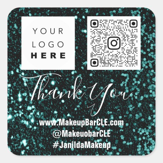 Logo QRCode Name Dank het Winkelen Blauwgroen Glit Vierkante Sticker (Voorkant)