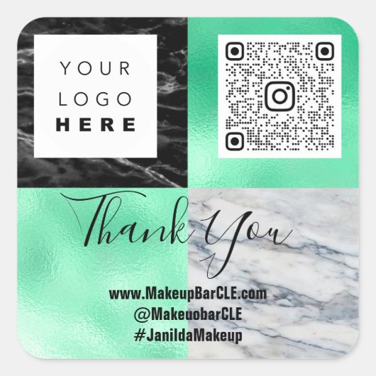 Logo QRCode Name Dank het Winkelen Marmer Groen Vierkante Sticker (Voorkant)