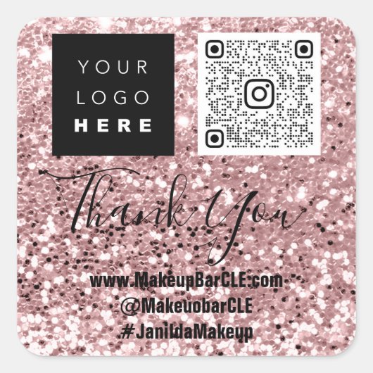 Logo QRCode Name Dank het Winkelen Roos van Glitte Vierkante Sticker (Voorkant)