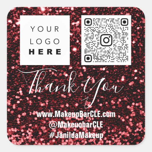 Logo QRCode Name Dankjewel Shopping Glitter Burgun Vierkante Sticker (Voorkant)
