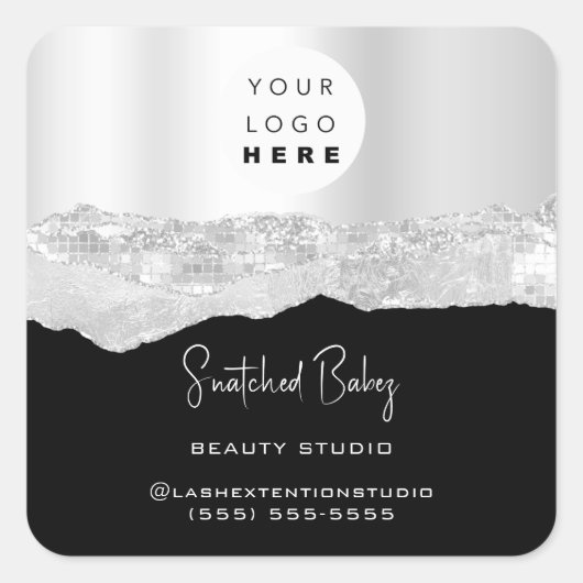 Logo QRCode Online Winkel Glitter Silver Grey Blac Vierkante Sticker (Voorkant)