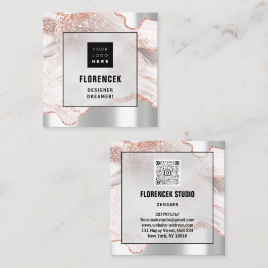 Logo QRCODE Winkelholograaf Makeup Roos Marmer Vierkante Visitekaartje (Voorkant / Achterkant)