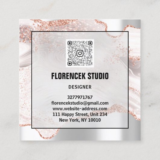 Logo QRCODE Winkelholograaf Makeup Roos Marmer Vierkante Visitekaartje (Achterkant)