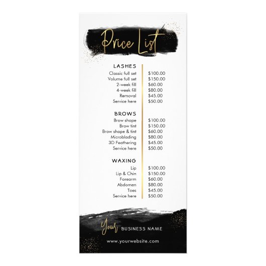 Logo-rackkaart met zwarte & goudmenu Salon Price L Reclamekaart (Voorkant)