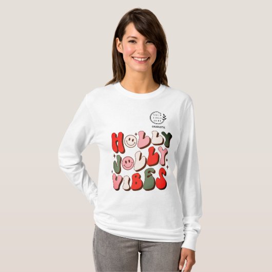 Logo Retro Kerstmis Holly Jolly Vibes Feestdagen T-shirt (Voorkant volledig)