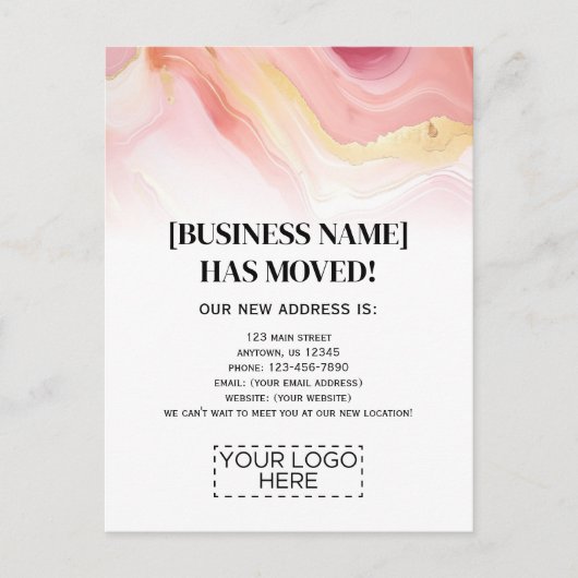 Logo roze Gold Marble Business Moving Announge Briefkaart (Voorkant)