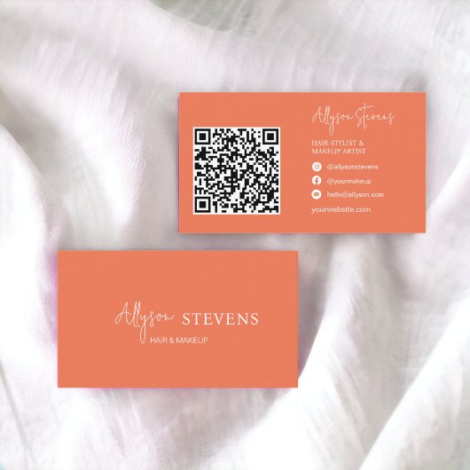 Logo script wit koraal oranje haar make-up QR code Visitekaartje