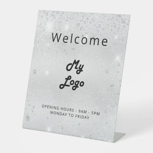 Logo Silver Glitter Welkom Business Reclamebord Met Voetstuk (Voorkant)